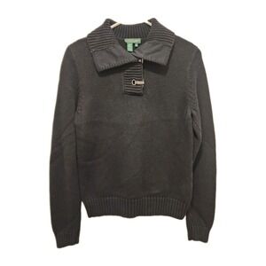 Ralph Lauren Jeans Co Black Cotton Sweater Fold Down Collar Brass Clasps  Sz M‎